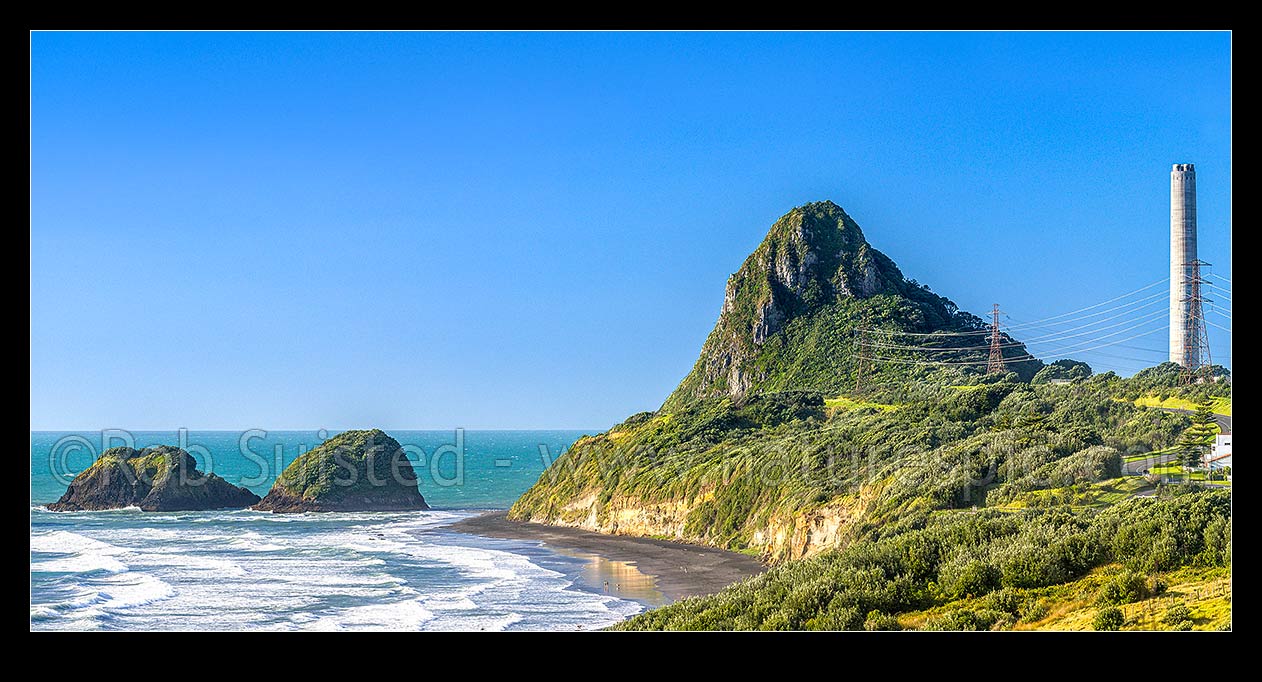 Image of Nga Motu Sugar Loaf Islands, Paritutu Rock (154m) and distinctive power station chimney landmark behind. Nga Motu Taranaki. Panorama, New Plymouth, New Plymouth District, Taranaki Region, New Zealand (NZ) stock photo image