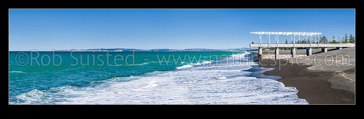 Image of Napier foreshore with Marine Outfall and Viewing Platform. Clifton and Cape Kidnappers coast beyond. Panorama, Napier, Napier City District, Hawke's Bay Region, New Zealand (NZ) stock photo image