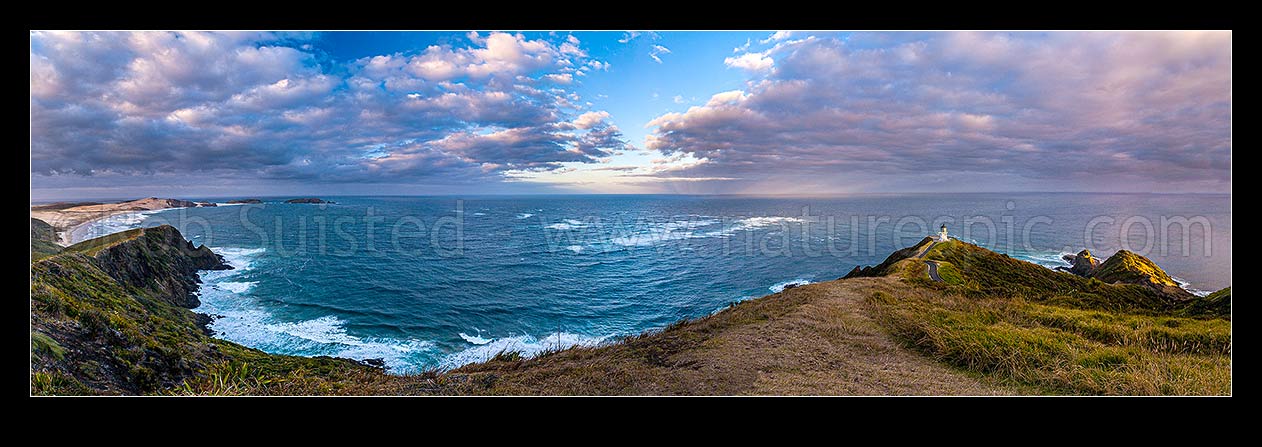 Image of Panorama looking from Cape Maria van Diemen around past Columbia Banks to the Cape Reinga (Te Rerengawairua) lighthouse with first rays of dawn, Cape Reinga, Far North District, Northland Region, New Zealand (NZ) stock photo image