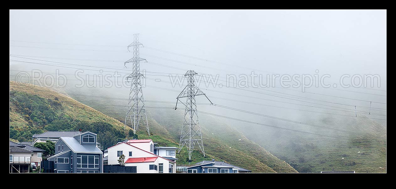 Image of High voltage transmission power lines and pylons near houses. HVDC link Oteranga Bay - Haywards A OTB-HAY-A at left, Takapu Road - Wilton A right, Churton Park, Wellington City District, Wellington Region, New Zealand (NZ) stock photo image