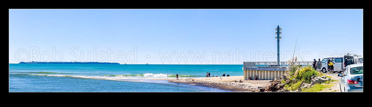 Image of Kaituna River mouth and lookout, a popular spot for recreational fishermen. Motiti Island beyond. Panorama, Maketu, Western Bay of Plenty District, Bay of Plenty Region, New Zealand (NZ) stock photo image