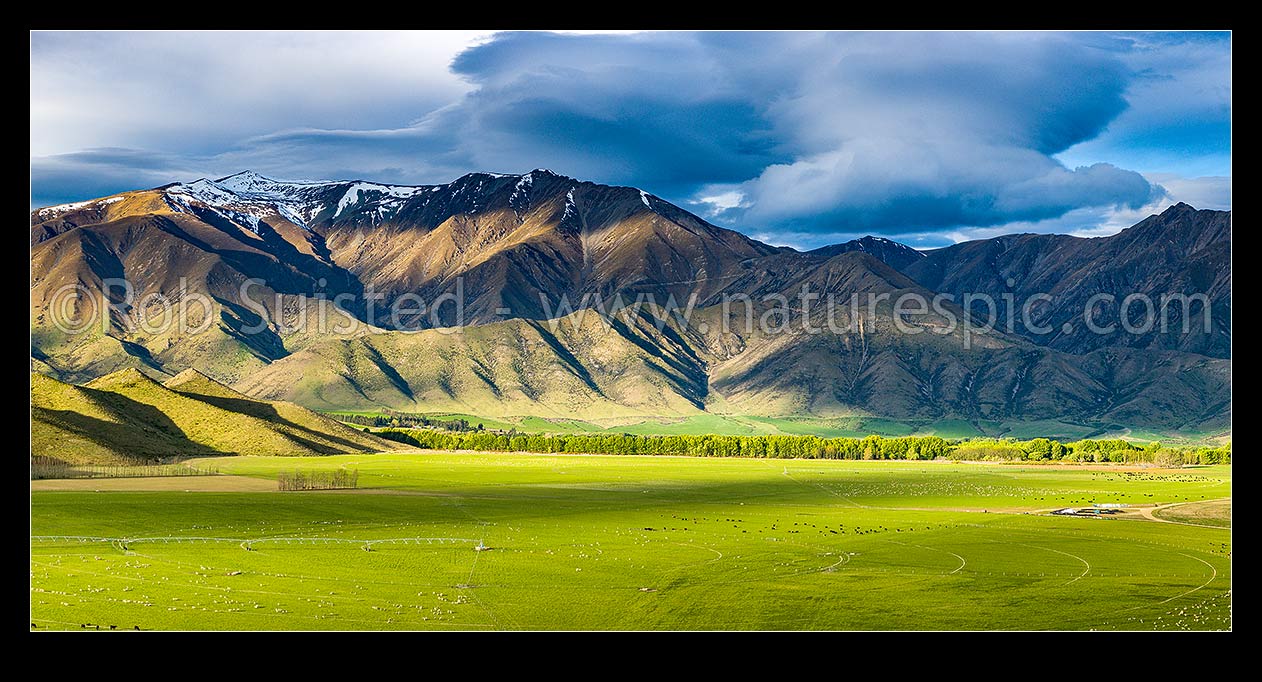 Image of Farmland and high country of the Benmore Range and Totara Peak (1822m above). Including dairy farmland and pivot irrigators. Panorama, Omarama, MacKenzie District, Canterbury Region, New Zealand (NZ) stock photo image