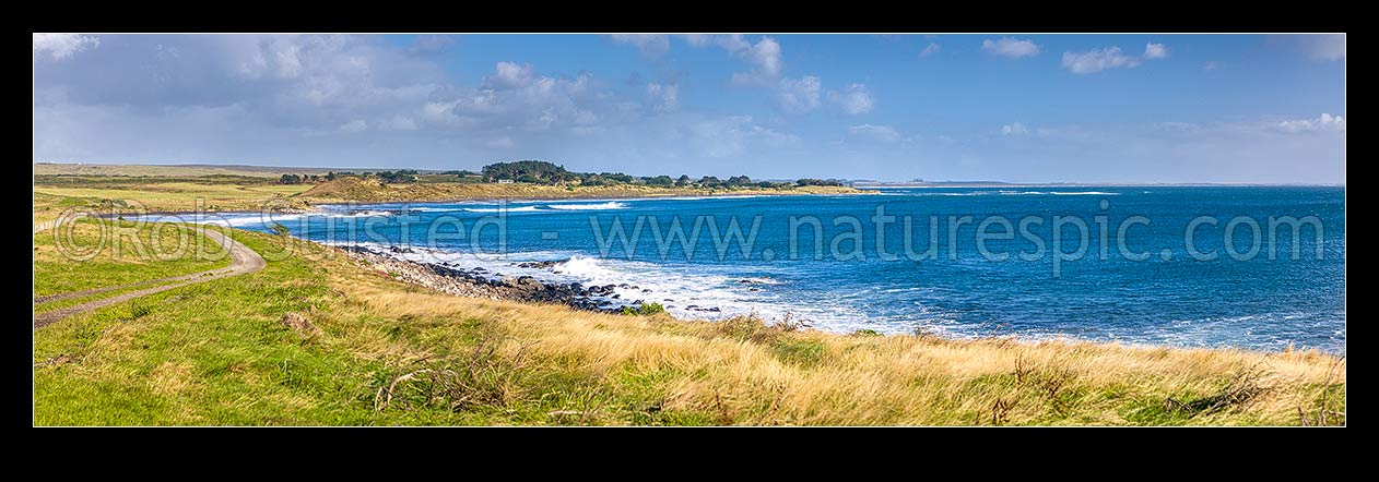 Image of Owenga coastline and beach near the south east of Chatham Island. Panorama, Chatham Islands Rekohu, Chatham Islands District, Chatham Islands Region, New Zealand (NZ) stock photo image