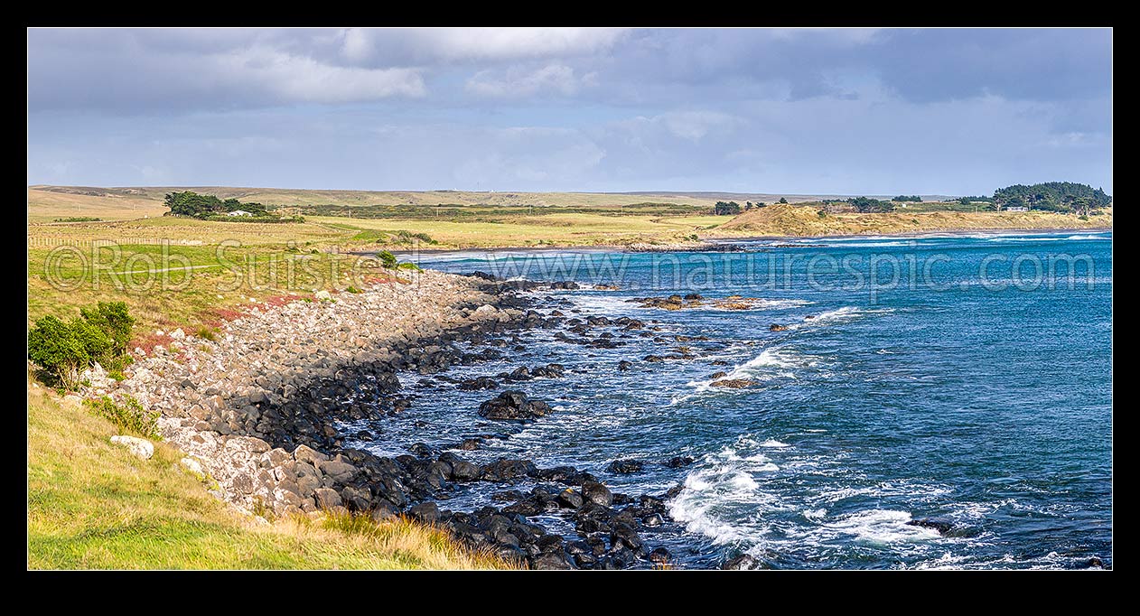 Image of Owenga coastline and beach near the south east of Chatham Island. Panorama, Chatham Islands Rekohu, Chatham Islands District, Chatham Islands Region, New Zealand (NZ) stock photo image