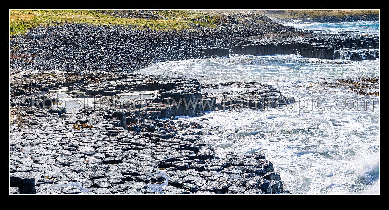 Image of Ohira Bay basalt columns in Petre Bay, a popular tourist site, on a typically windy day on Rekohu, Chatham Islands Rekohu, Chatham Islands District, Chatham Islands Region, New Zealand (NZ) stock photo image