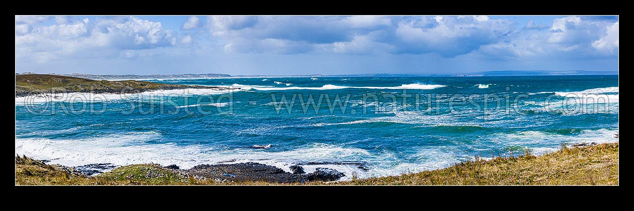 Image of Chatham Islands coast, looking from Ohira Bay, across Petrie Bay to Long Beach and sand dunes. Panorama, Chatham Islands Rekohu, Chatham Islands District, Chatham Islands Region, New Zealand (NZ) stock photo image