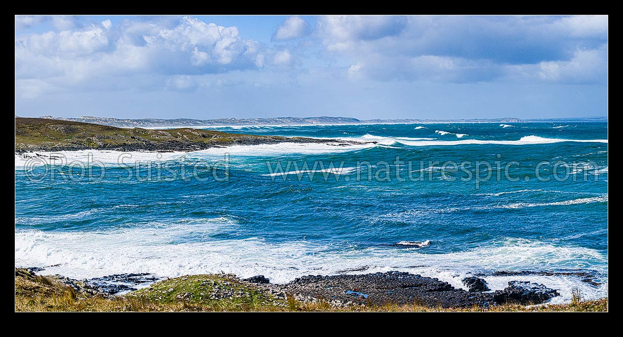 Image of Chatham Islands coast, looking from Ohira Bay, across Petrie Bay to Long Beach and sand dunes. Panorama, Chatham Islands Rekohu, Chatham Islands District, Chatham Islands Region, New Zealand (NZ) stock photo image