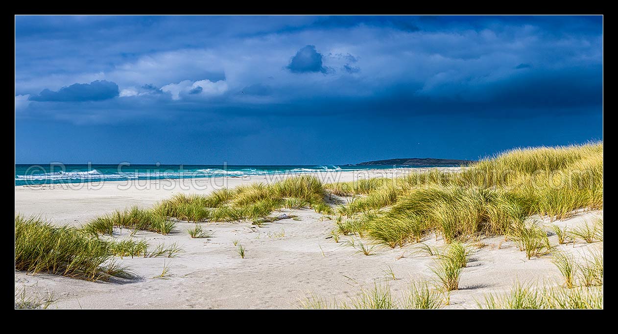 Image of Ocean Mail Beach on the northern coast of Chatham Island, on a moody day. Panorama amongst the sand dunes, Chatham Islands Rekohu, Chatham Islands District, Chatham Islands Region, New Zealand (NZ) stock photo image