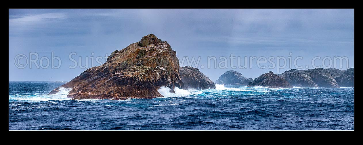 Image of Bounty Islands main group panorama from the east. Lion Island (left), Ruatara Is (behind), Ranfurly, Tunnel, and Depot Island far right. Moutere Hauriri, Bounty Islands, NZ Sub Antarctic District, NZ Sub Antarctic Region, New Zealand (NZ) stock photo image