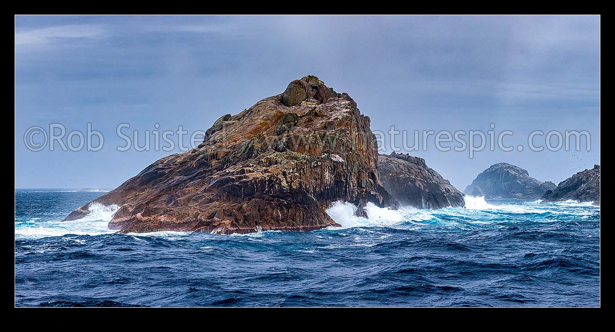 Image of Bounty Islands main group panorama. Lion Island centre, Ranfurly Island far right (obscured) and Ruatara Island between. Moutere Hauriri, Bounty Islands, NZ Sub Antarctic District, NZ Sub Antarctic Region, New Zealand (NZ) stock photo image