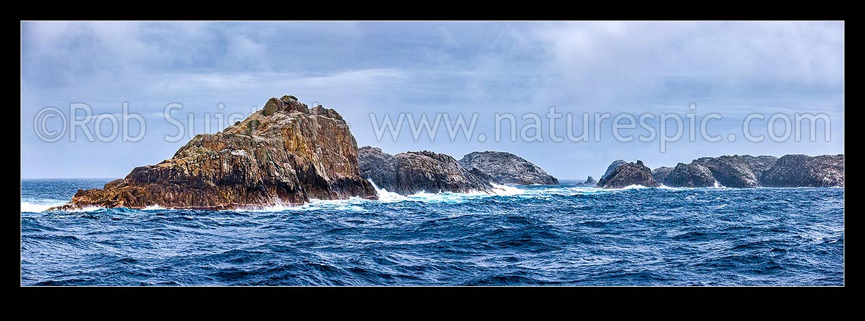 Image of Bounty Islands main group panorama from the east. Lion Island (left), Ruatara Is (behind), Dog Rock (in gap), Ranfurly, Tunnel, and Depot Island far right. Moutere Hauriri, Bounty Islands, NZ Sub Antarctic District, NZ Sub Antarctic Region, New Zealand (NZ) stock photo image