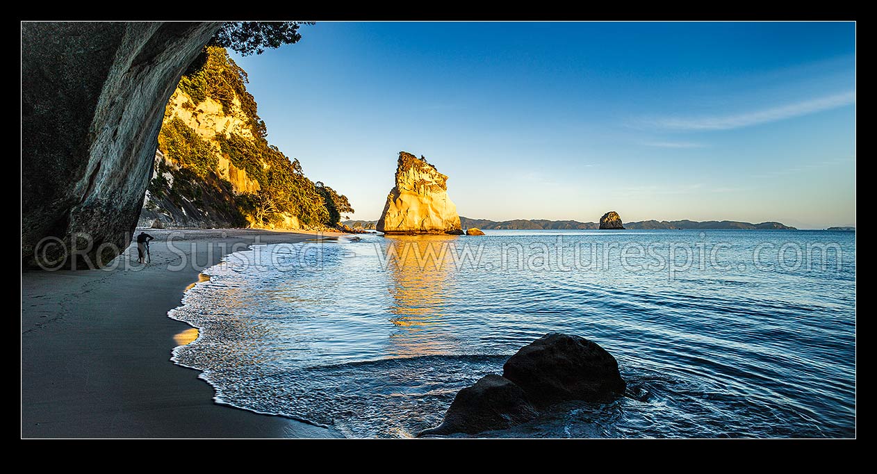 Image of Cathedral Cove beach with early morning photographer photographing the sunrise on the beach and rocks. Panorama, Hahei, Thames-Coromandel District, Waikato Region, New Zealand (NZ) stock photo image