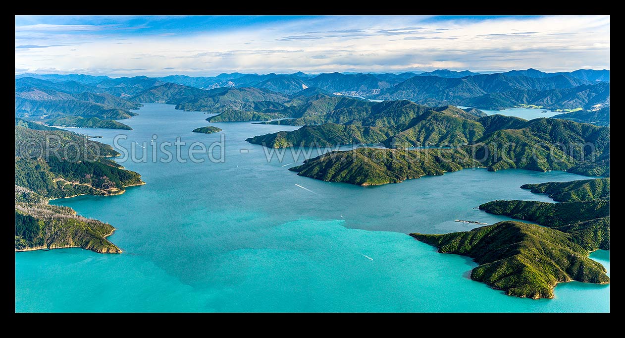 Image of Queen Charlotte Sound, looking towards Grove Arm, past Allports Island. Dieffenbach Point left, Ruakawa Bay and Kenepuru Sound at right. Aerial panorama, Marlborough Sounds, Marlborough District, Marlborough Region, New Zealand (NZ) stock photo image