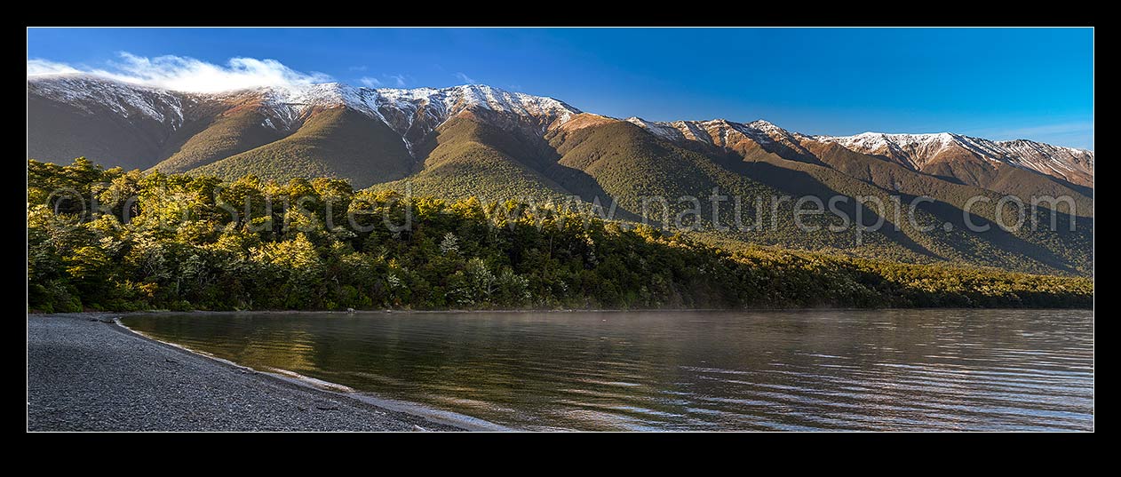 Image of Lake Rotoiti dawn. Nelson Lakes National Park. St Arnaud Range above Kerr Bay. Panorama, St Arnaud, Tasman District, Tasman Region, New Zealand (NZ) stock photo image