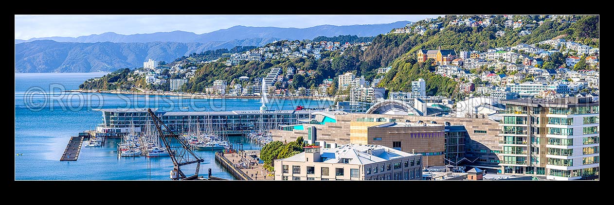 Image of Wellington City CBD panorama, looking over Te Aro towards Clyde Quay Wharf, harbour, Te Papa Museum, Oriental Bay, and Roseneath. Remutaka Range beyond, Wellington, Wellington City District, Wellington Region, New Zealand (NZ) stock photo image