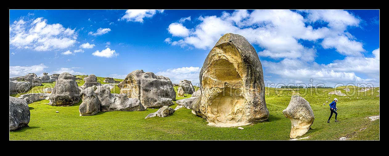 Image of Elephant Rocks limestone site in the Waitaki Whitestone Geopark, Maerewhenua. Panorama of the uplifted weathered marine limestone, Duntroon, Waitaki District, Canterbury Region, New Zealand (NZ) stock photo image