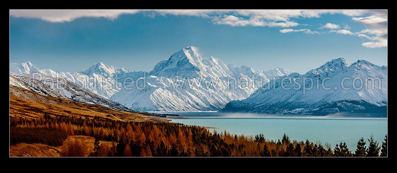 Image of Aoraki / Mount Cook (3754m) and Lake Pukaki in winter. Mt La Perouse (3078m) left, Tasman Valley and Burnett Mountains Range right. Panorama with late autumn colours, different tint to 65856, Aoraki / Mount Cook National Park, MacKenzie District, Canterbury Region, New Zealand (NZ) stock photo image