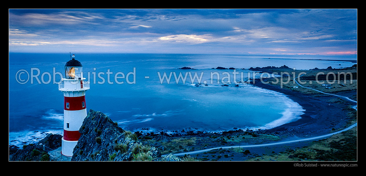 Image of Cape Palliser Lighthouse at dusk, Cape Palliser, South Wairarapa District, Wellington Region, New Zealand (NZ) stock photo image